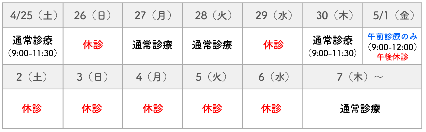ゴールデンウィーク中の休診のお知らせ
